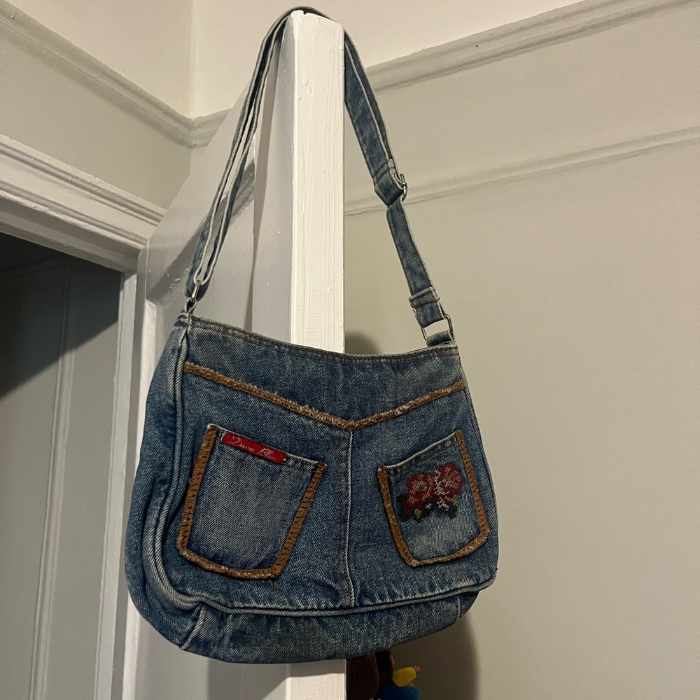 Vintage Denim Shoulder Bag w/ Embroidered Pocket
